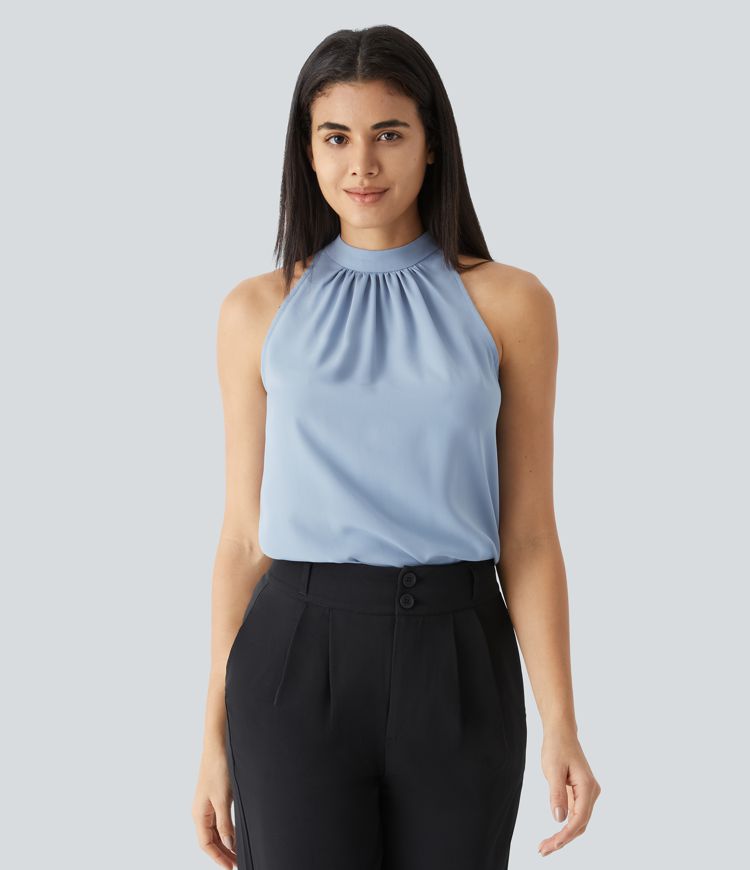 Chic Keyhole Back Halter Sleeveless Work Blouse with Elegant Curved Hem