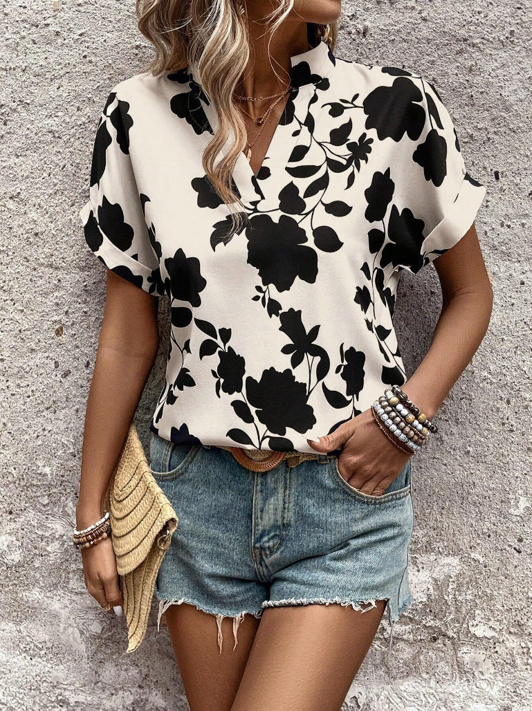 Big Floral Print V-neck Batwing Sleeve Leisure Loose Shirt