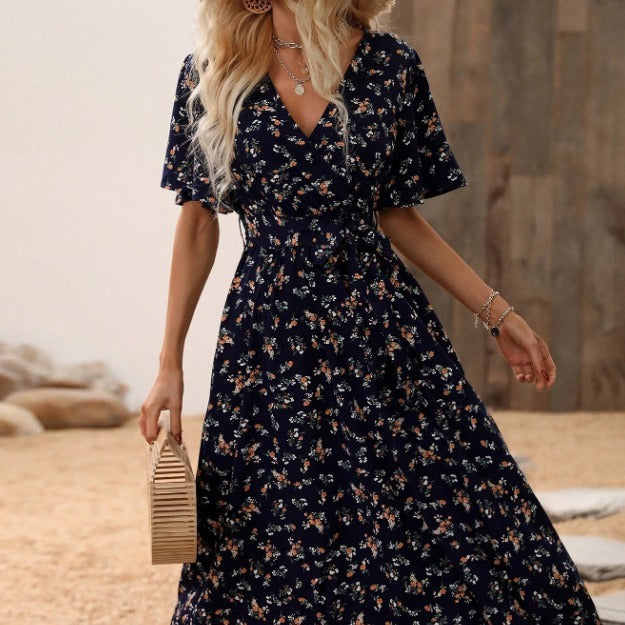 Mid-length V-neck Small Floral Tie-neck Ruffled Dress