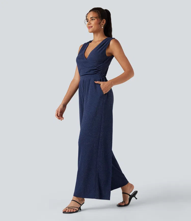 Women's Chic Sleeveless Metallic Jumpsuit with Pockets and Tie Back