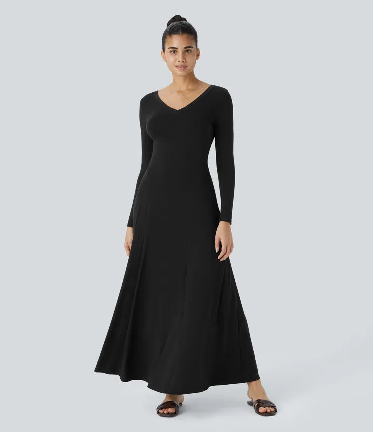 Elegant Draped V-Neck Long Sleeve Maxi Dress for Casual Everyday Style