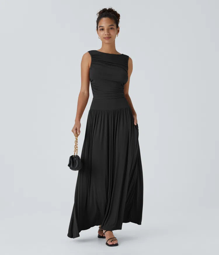 Chic Ribbed Boat Neck Flowy Maxi Dress with Asymmetric Strap & Side Pockets