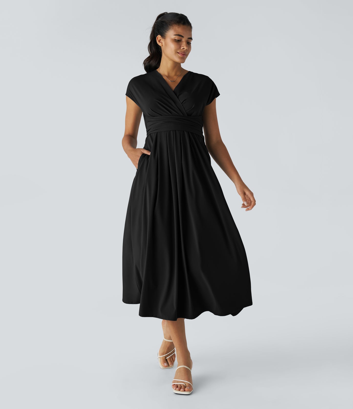 Women's Breezeful V-Neck Short Sleeve Quick-Dry Midi Dress with Pockets