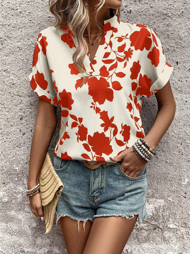 Big Floral Print V-neck Batwing Sleeve Leisure Loose Shirt