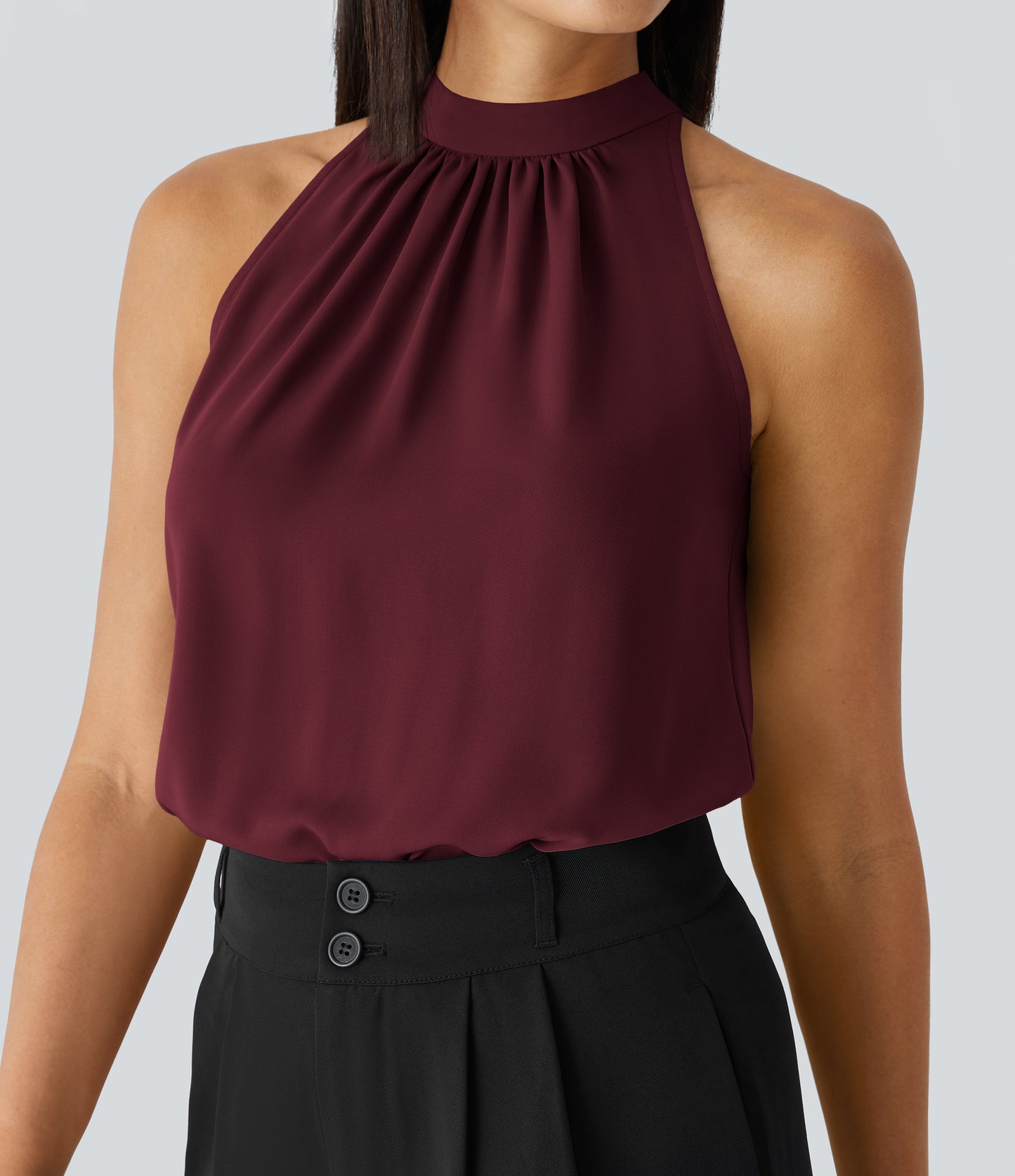 Chic Keyhole Back Halter Sleeveless Work Blouse with Elegant Curved Hem
