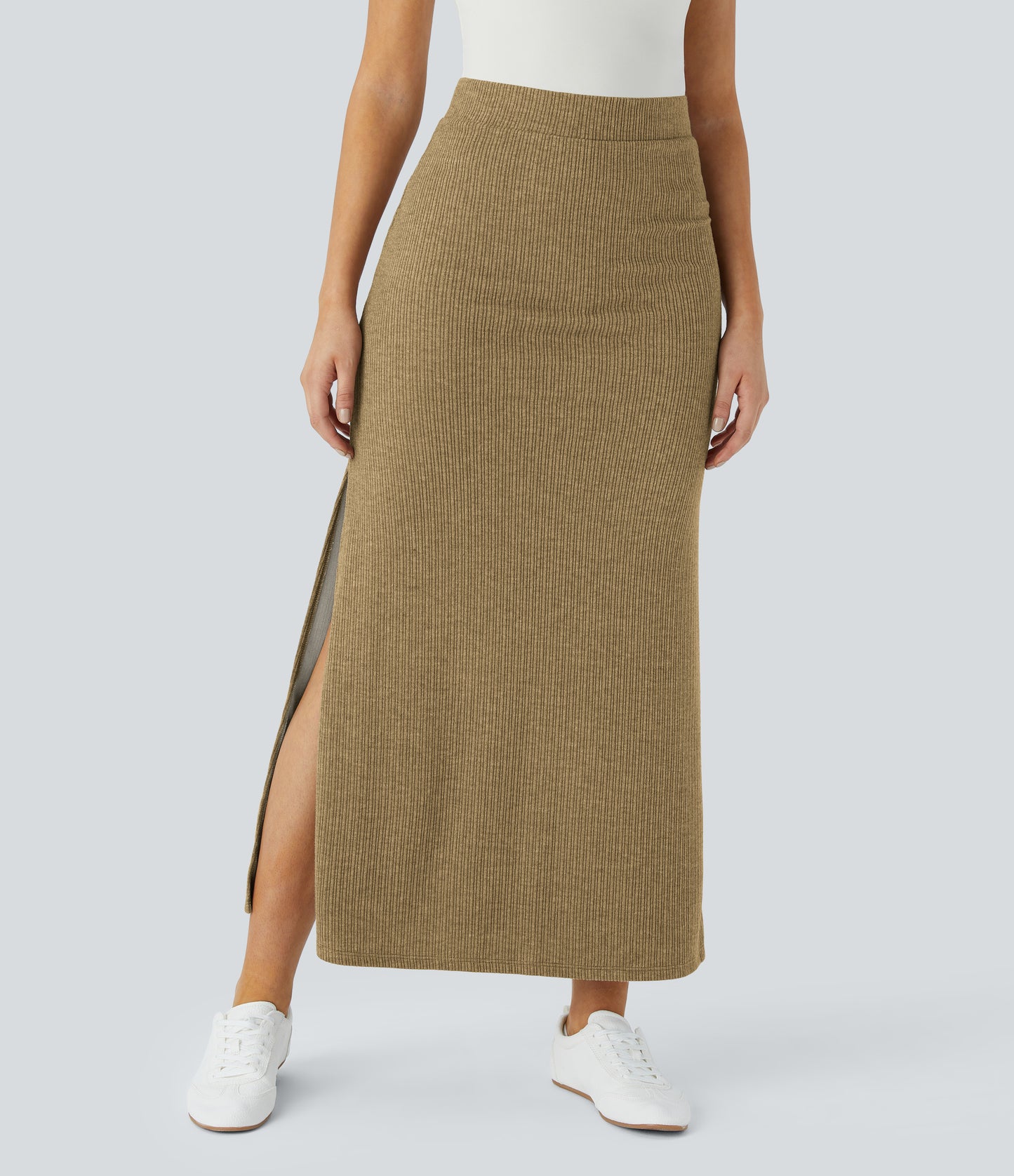 Ribbed High-Waisted Split Hem A-Line Maxi Casual Skirt for Everyday Elegance