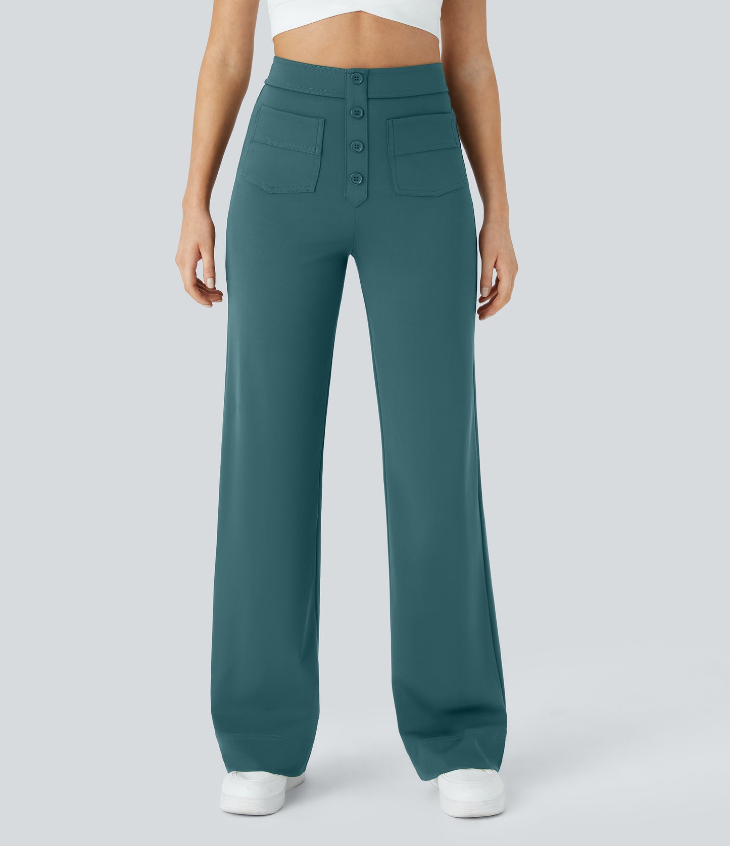 Halara High Waisted Button Straight Leg Casual Pants with Multiple Pockets