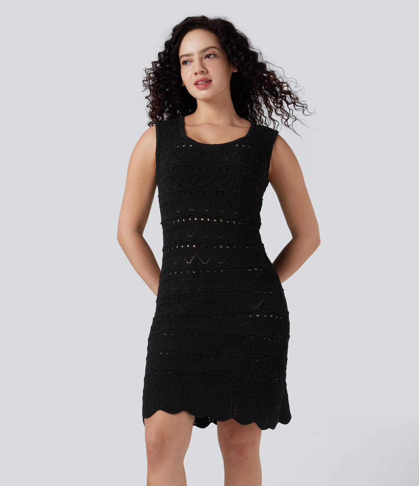Chic U-Neck Sleeveless Open Knit Mini Sweater Dress with Scallop Hem