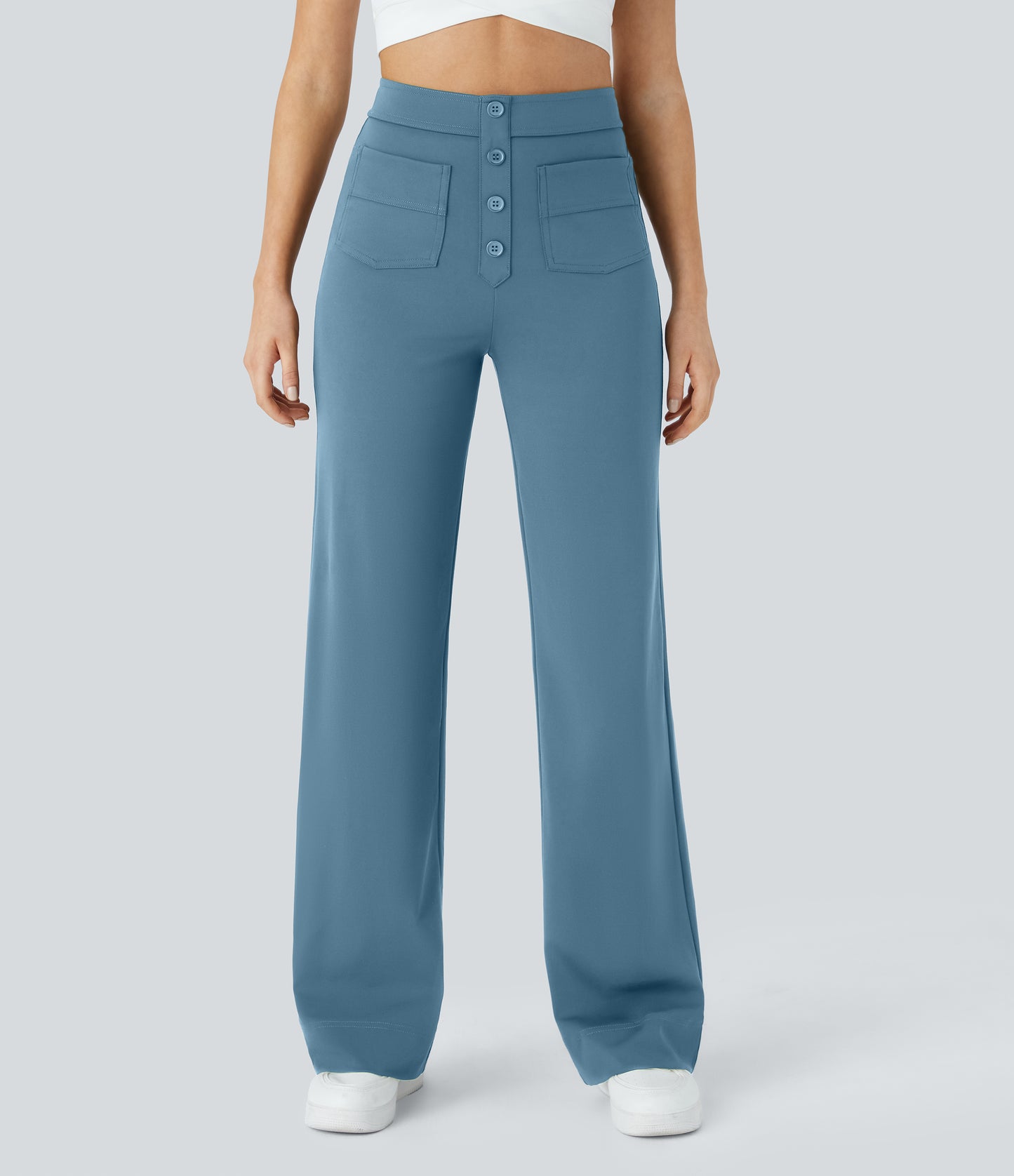 Halara High Waisted Button Straight Leg Casual Pants with Multiple Pockets