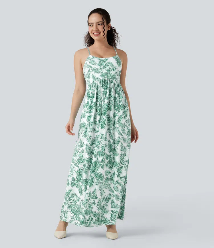 Chic Floral Print Maxi Dress: Flowy, Backless Lace-Up Design with Pockets