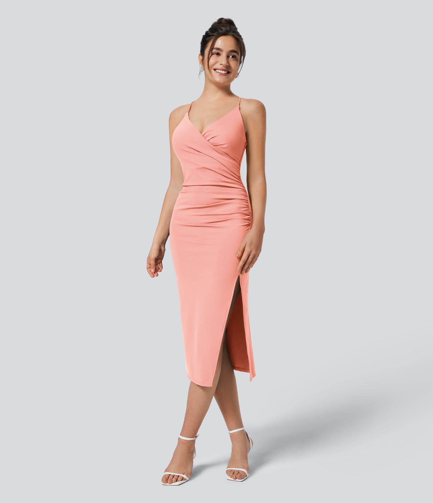 SoftlyZero Airy Crossover Ruched Backless Lace-Up Bodycon Midi Dress UPF50+