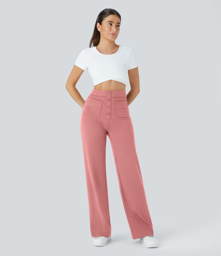 Halara High Waisted Button Straight Leg Casual Pants with Multiple Pockets