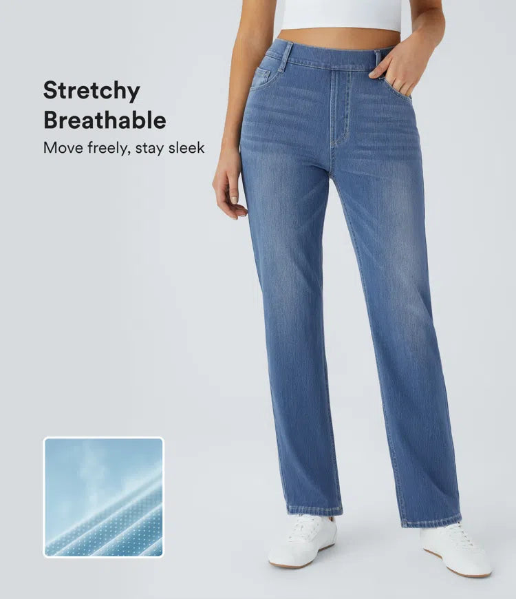 Halara Flex High-Waisted Pockets Straight Leg Washed Stretchy Knit Jeans
