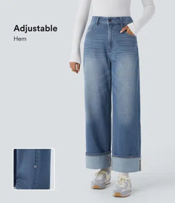 Halara Flex High Waisted Multiple Pockets Rolled Hem Wide Leg Washed Stretchy Knit Casual Jeans