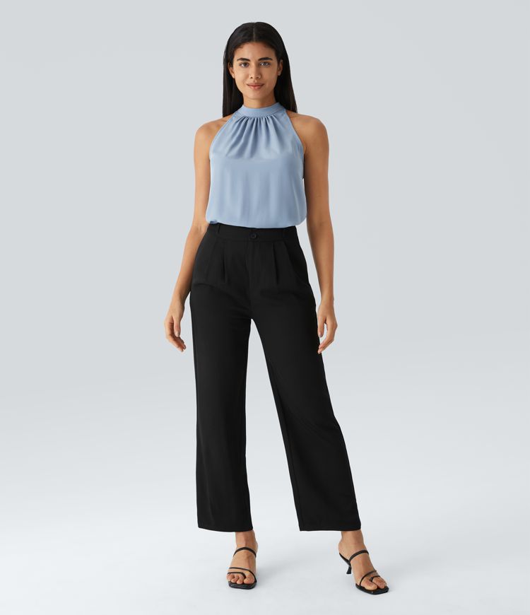Chic Keyhole Back Halter Sleeveless Work Blouse with Elegant Curved Hem