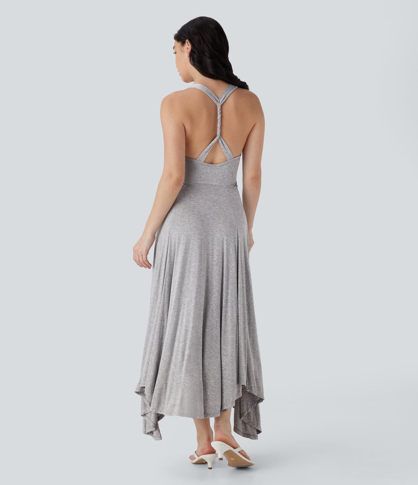 Halara Backless Twisted Ruched Asymmetric Hem Flowy Maxi Casual Dress for Women