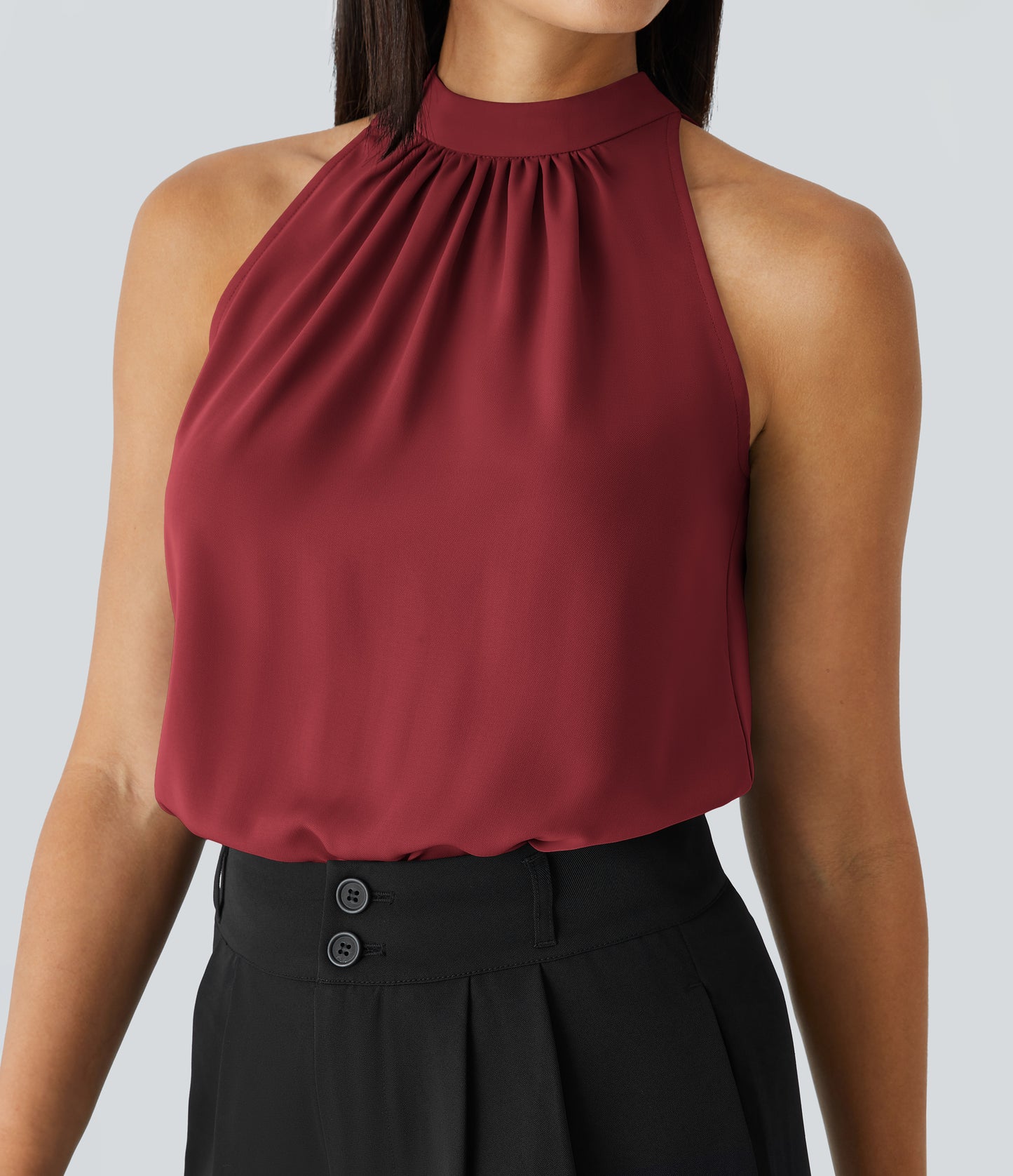Chic Keyhole Back Halter Sleeveless Work Blouse with Elegant Curved Hem