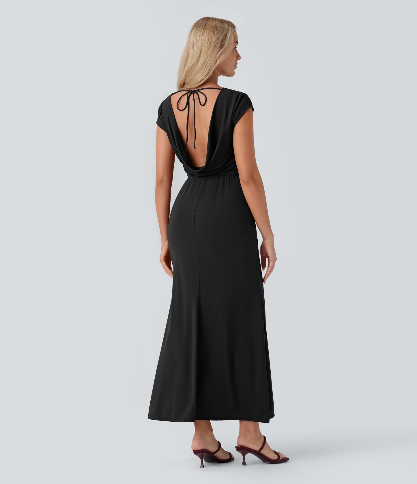 Elegant Backless Tie-Back Cowl Neck Cap Sleeve Maxi Dress for Parties & Events