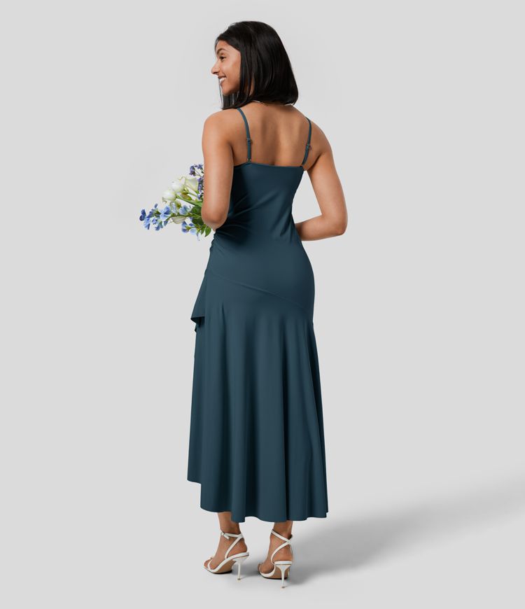 Elegant Women's Backless Adjustable Strap Ruched Split Flowy Maxi Dress for Events