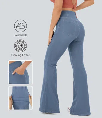 Halara Flex V Neck Side Pocket Washed Stretchy Knit Denim Casual Overalls