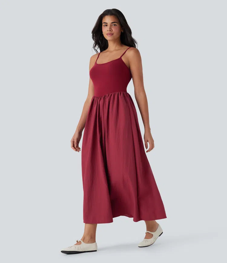 Chic Backless Maxi Slip Dress with Side Pockets, Adjustable Straps, Flowy Comfort