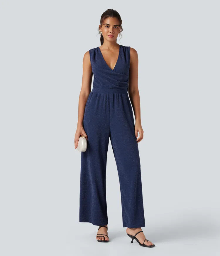 Women's Chic Sleeveless Metallic Jumpsuit with Pockets and Tie Back