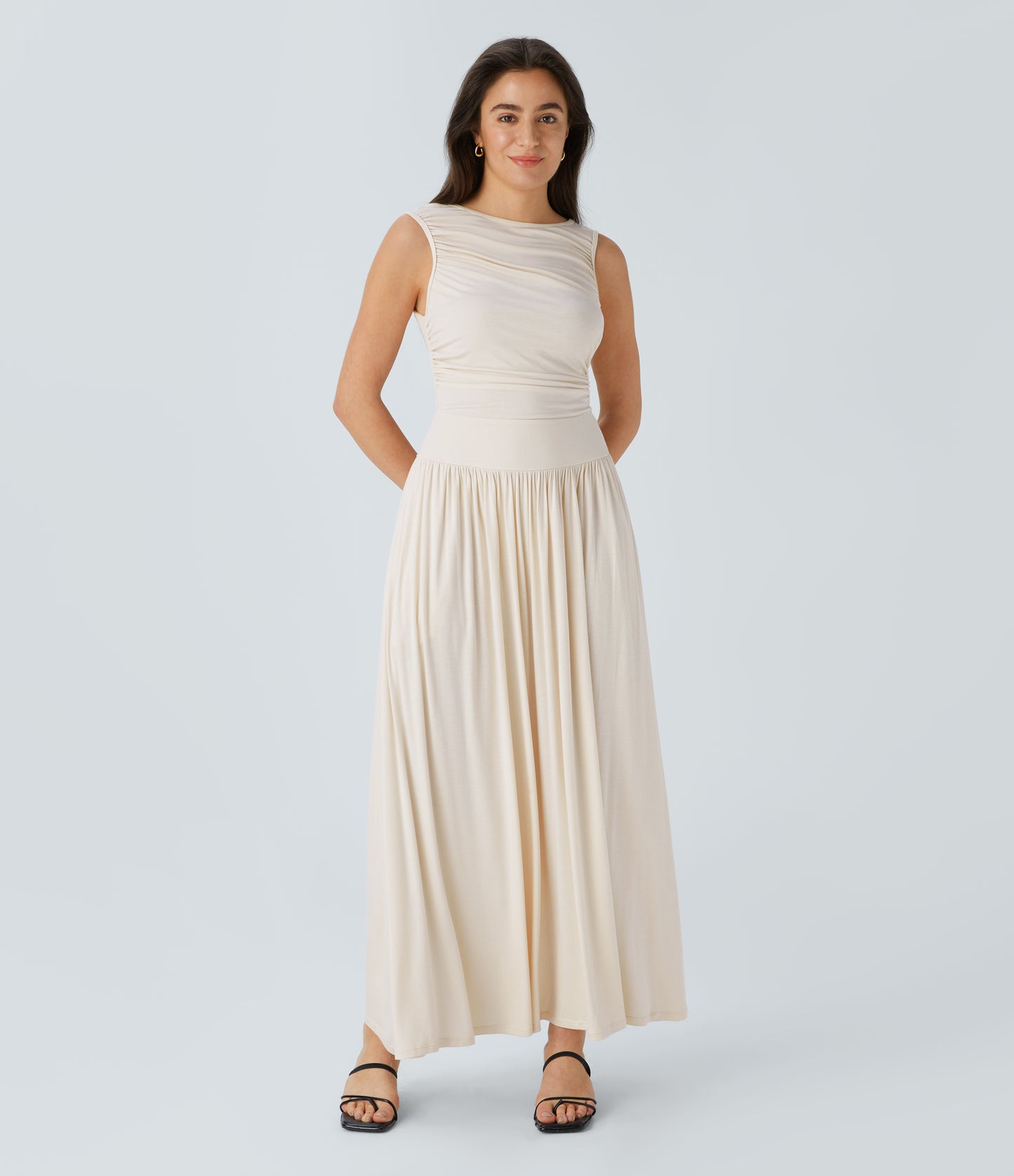 Chic Ribbed Boat Neck Flowy Maxi Dress with Asymmetric Strap & Side Pockets