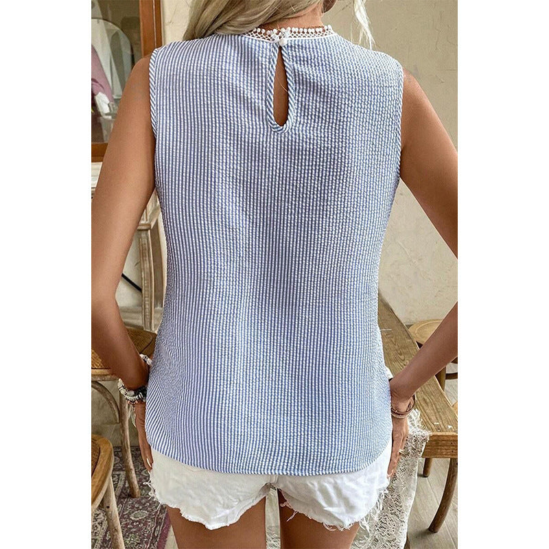 Lace Stitching Sleeveless Striped Color Vest For Women
