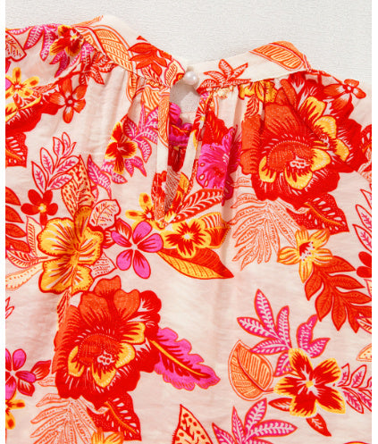 Orange Floral Print Pearl Button Keyhole Long Puff Sleeve Blouse