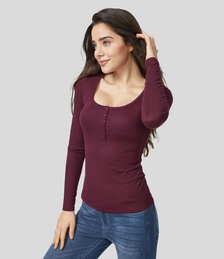 Women's Versatile Ribbed Henley Neck Long Sleeve Slim Casual Top