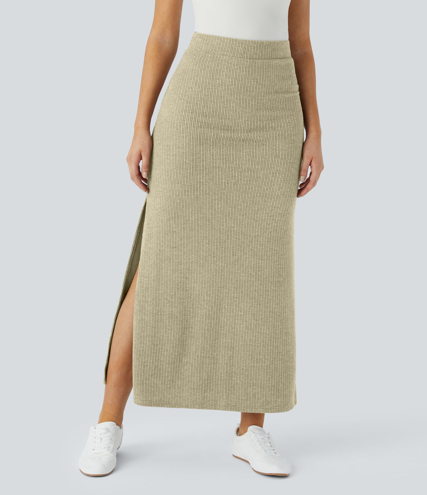 Ribbed High-Waisted Split Hem A-Line Maxi Casual Skirt for Everyday Elegance