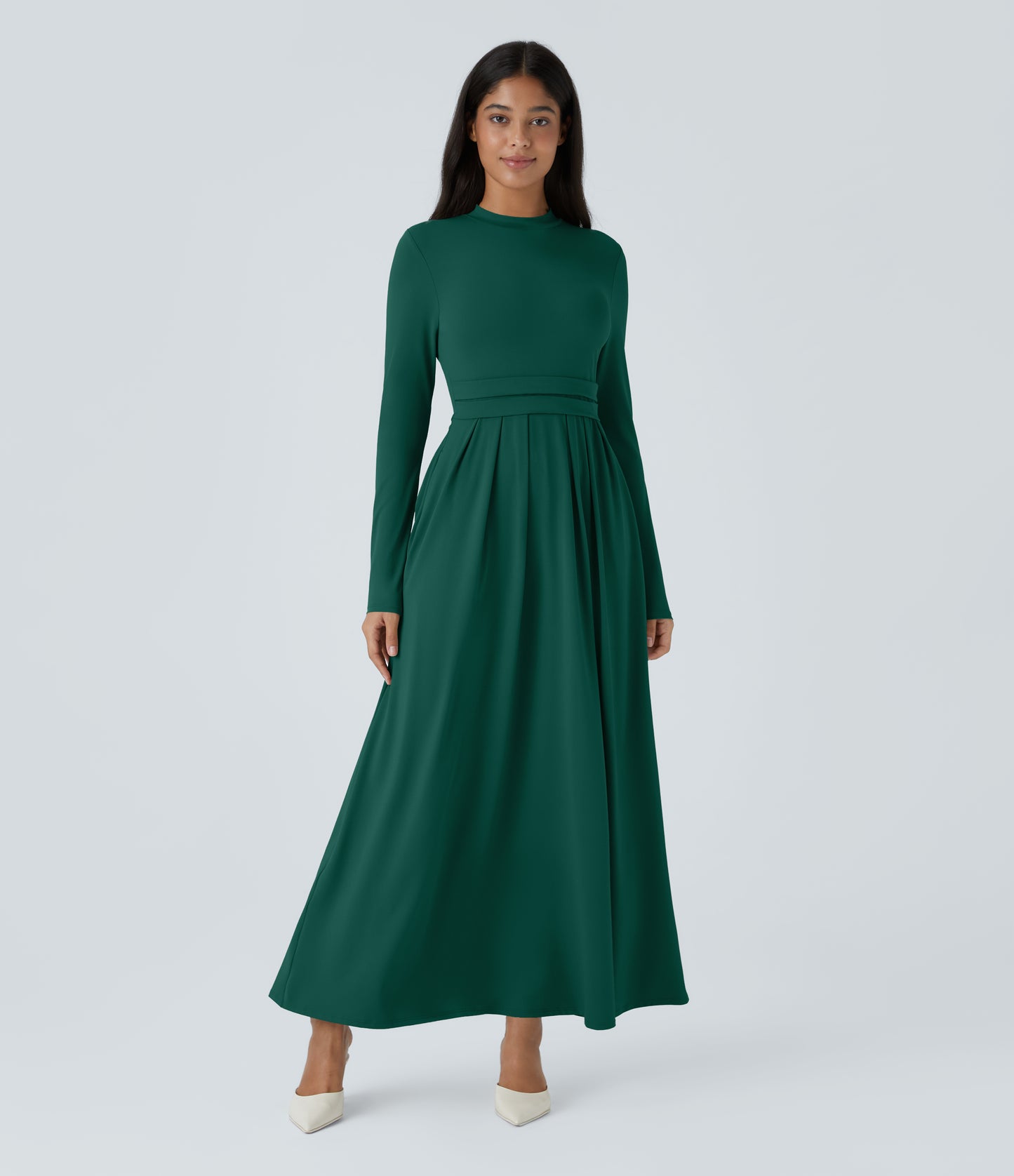 Elegant Mock-Neck Long Sleeve Flare Maxi Dress with Pockets for Women