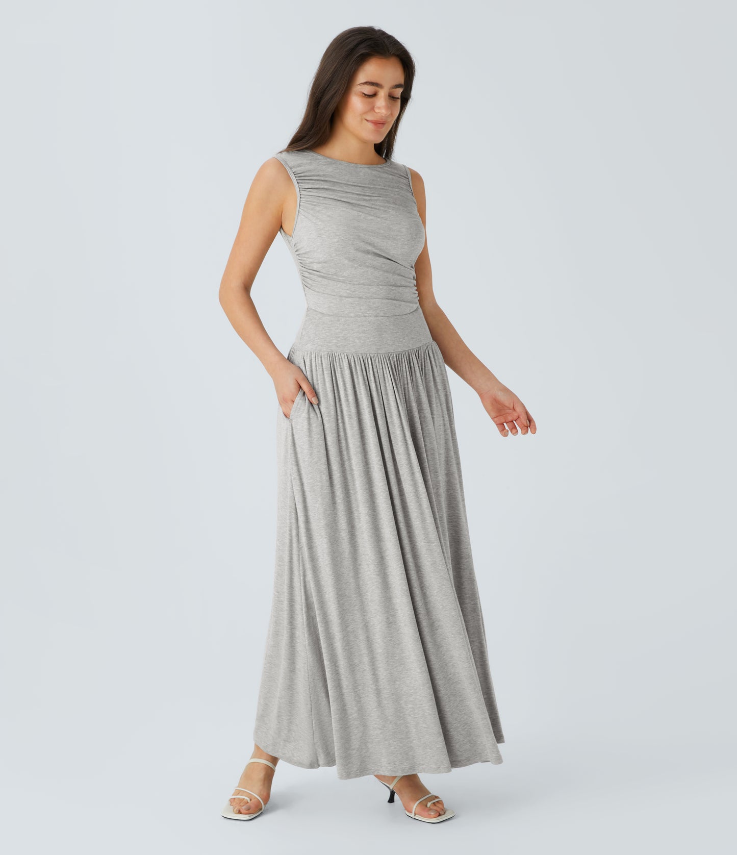 Chic Ribbed Boat Neck Flowy Maxi Dress with Asymmetric Strap & Side Pockets
