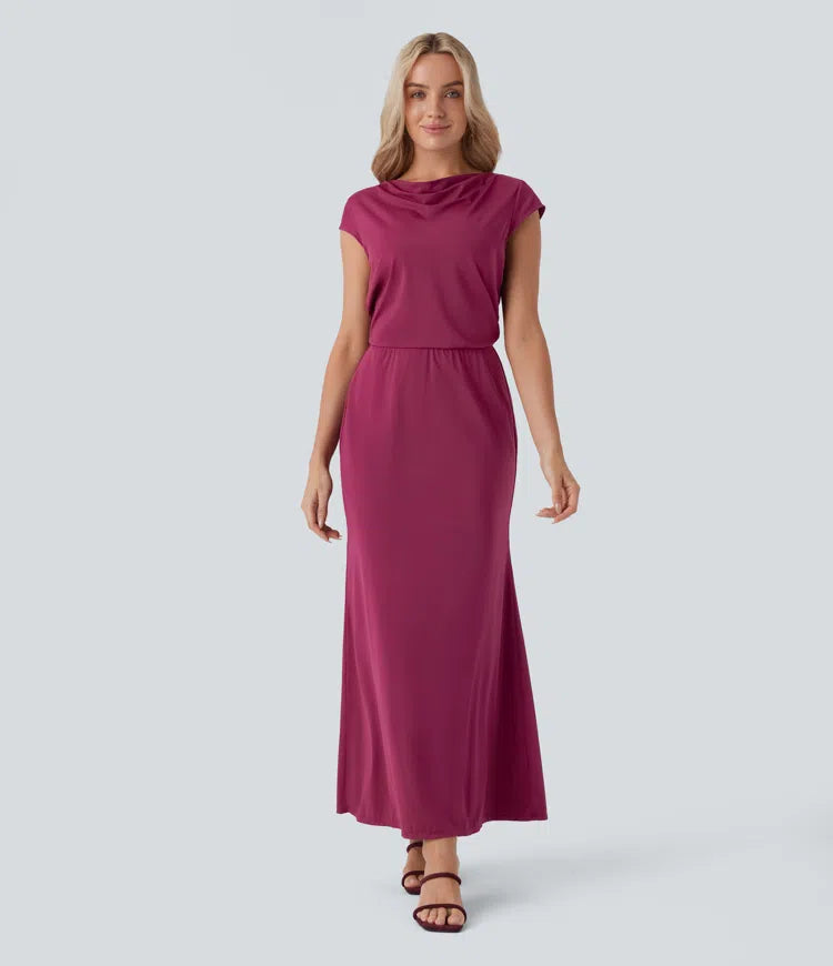 Elegant Backless Tie-Back Cowl Neck Cap Sleeve Maxi Dress for Parties & Events