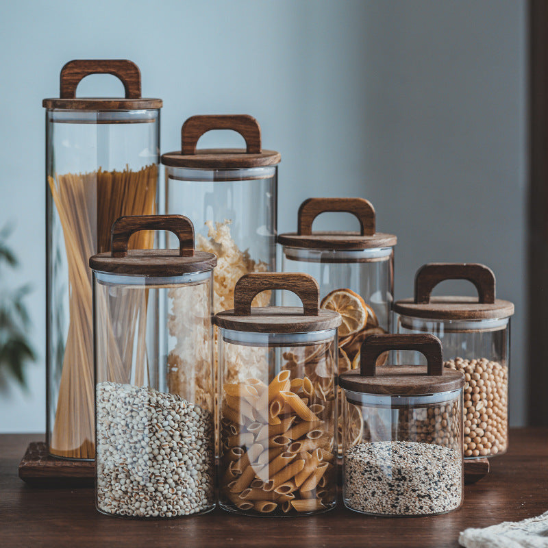 Japanese-style glass storage jar featuring solid wood lid and large capacity design for coarse cereal storage