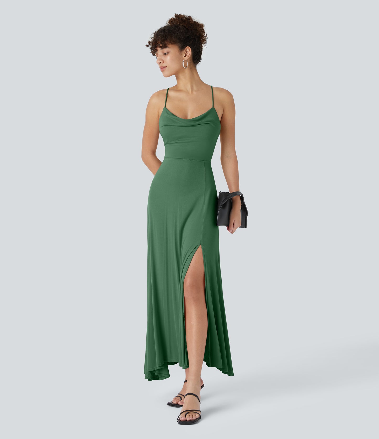 Elegant Ribbed Cowl Neck Backless Crisscross Lace-Up Split Midi Party Dress