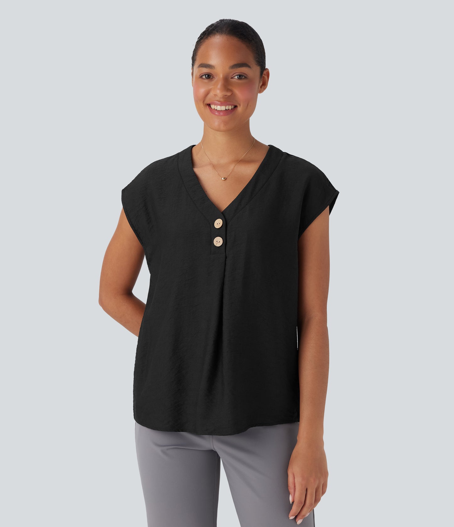 Elegant V-Neck Cap Sleeve Decorative Button Work Blouse for Women