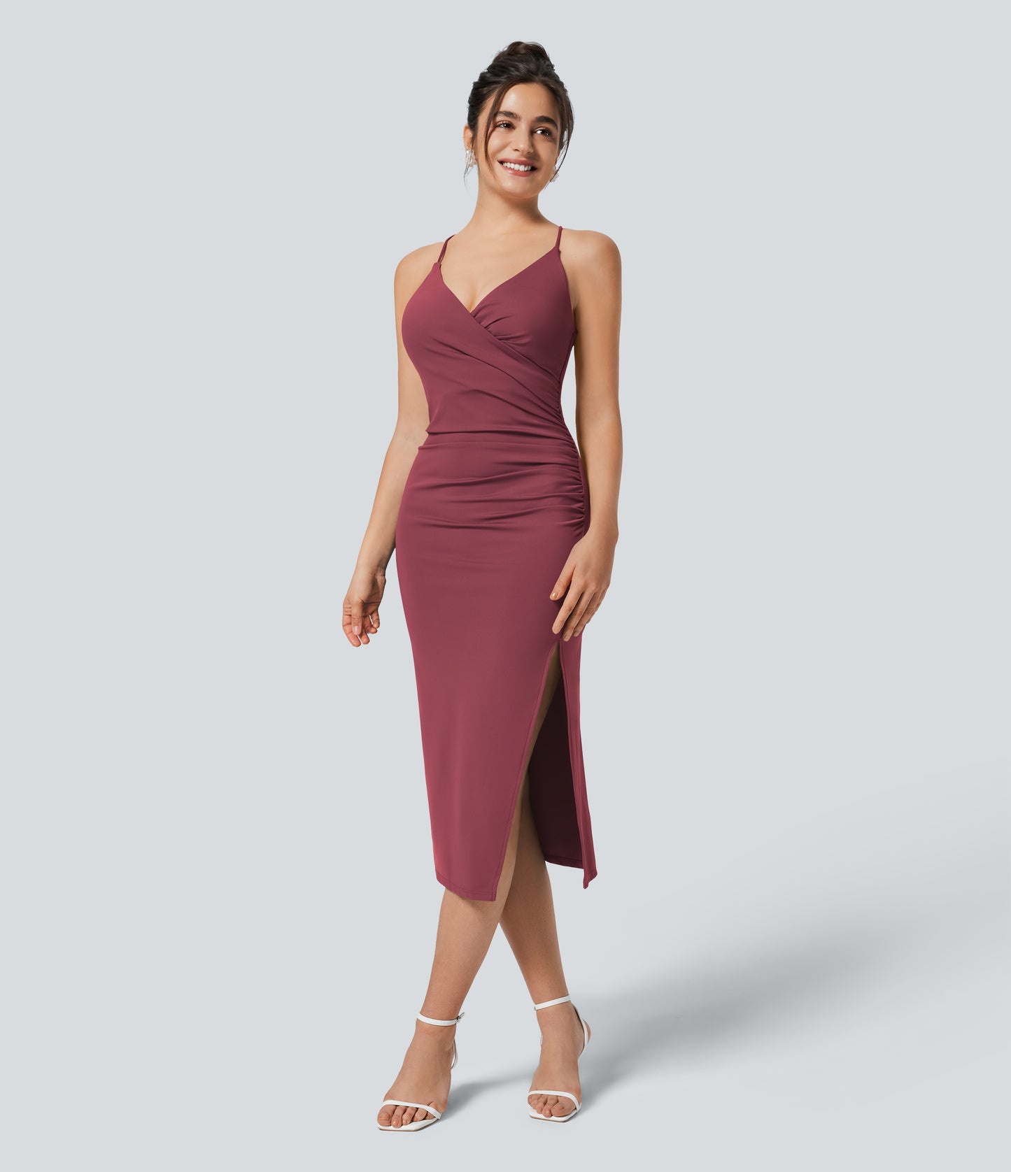 SoftlyZero Airy Crossover Ruched Backless Lace-Up Bodycon Midi Dress UPF50+