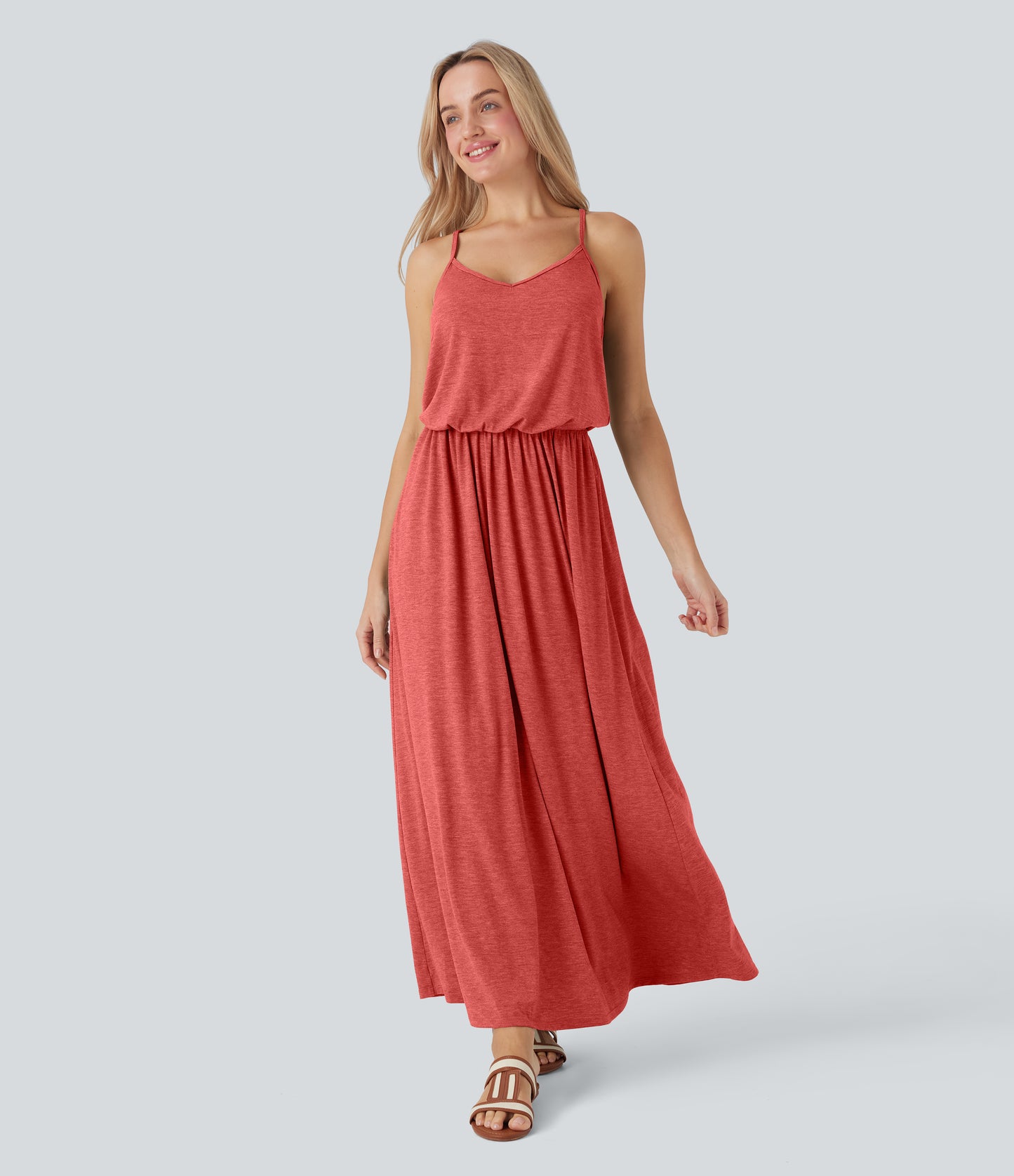 Adjustable Strap Maxi Flowy Resort Slip Dress with Pockets for Women