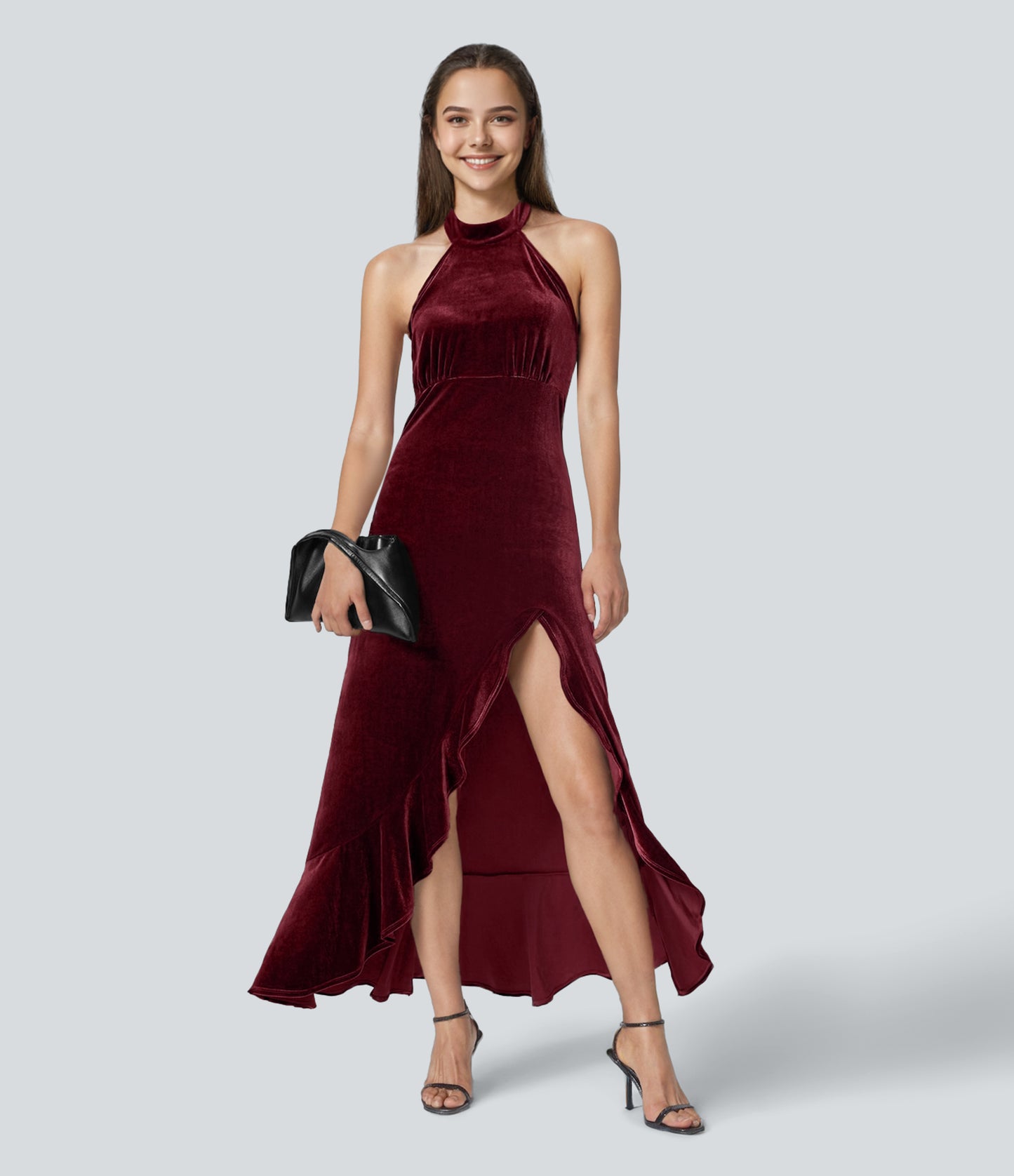 Luxurious Halter Neck Ruffle Hem Velvet Maxi Dress – Elegant Evening Gown