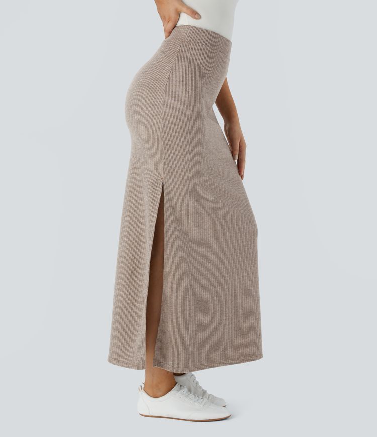Ribbed High-Waisted Split Hem A-Line Maxi Casual Skirt for Everyday Elegance