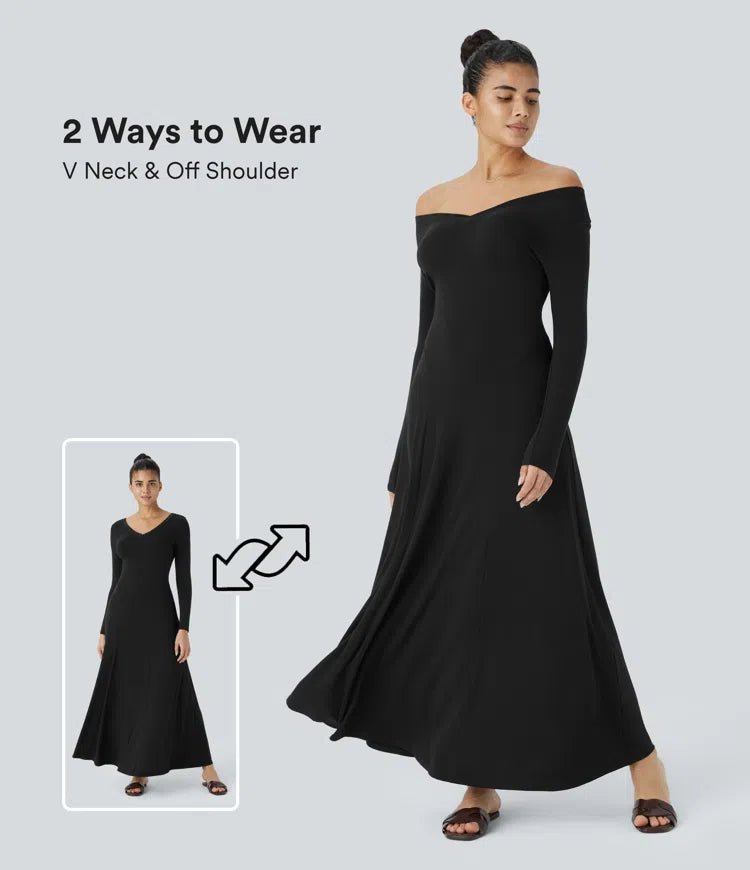 Elegant Draped V-Neck Long Sleeve Maxi Dress for Casual Everyday Style