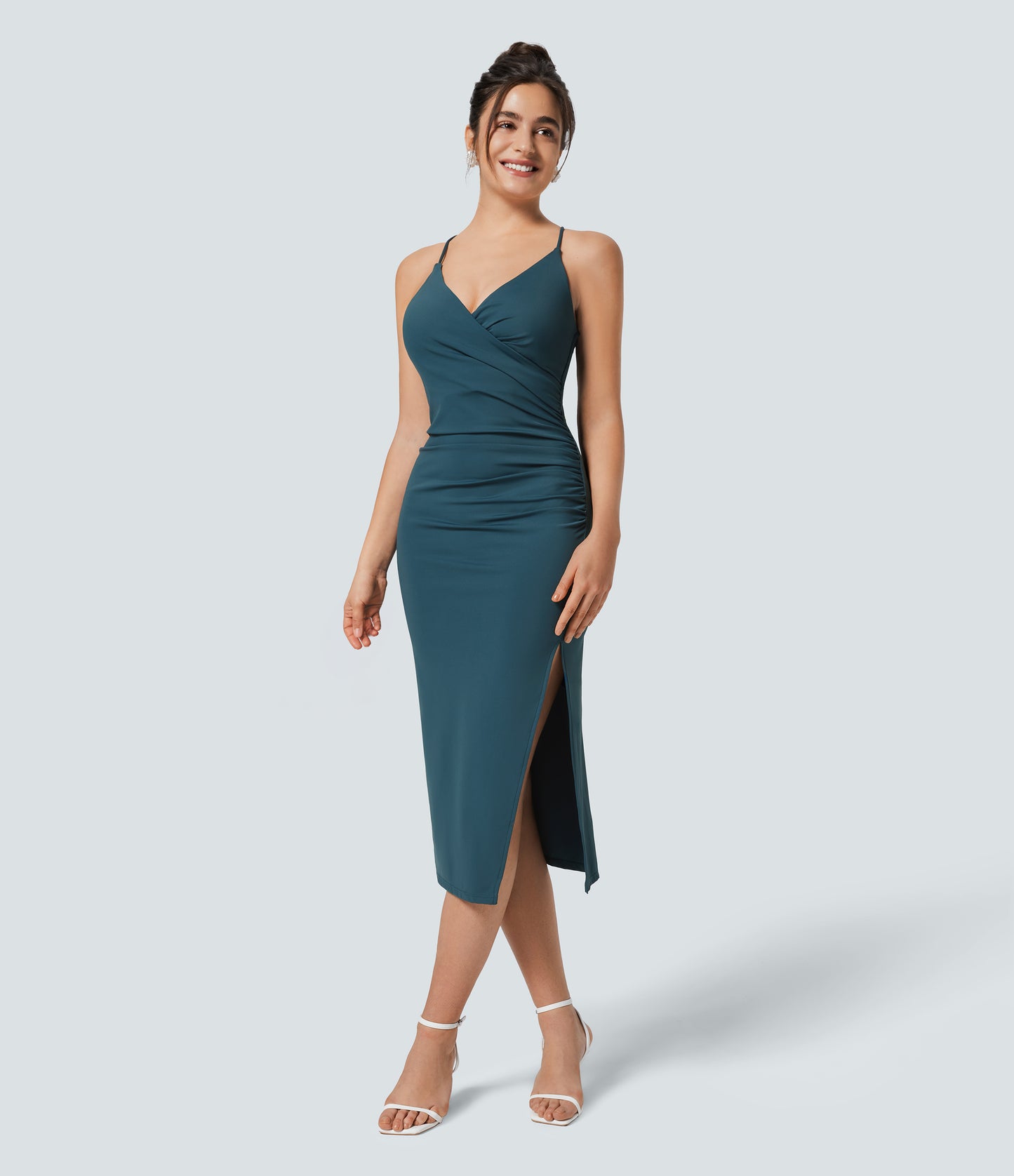 SoftlyZero Airy Crossover Ruched Backless Lace-Up Bodycon Midi Dress UPF50+