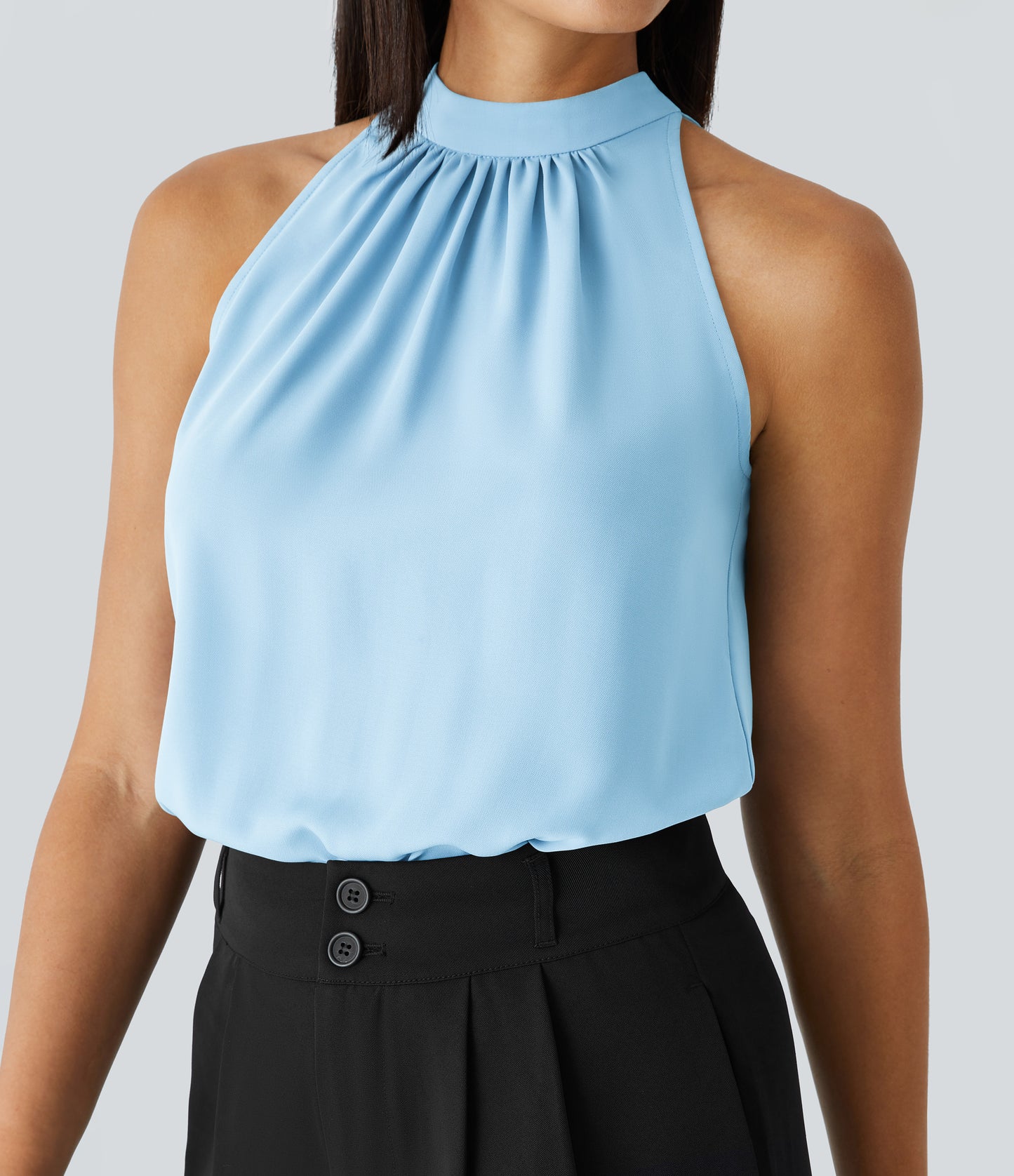 Chic Keyhole Back Halter Sleeveless Work Blouse with Elegant Curved Hem