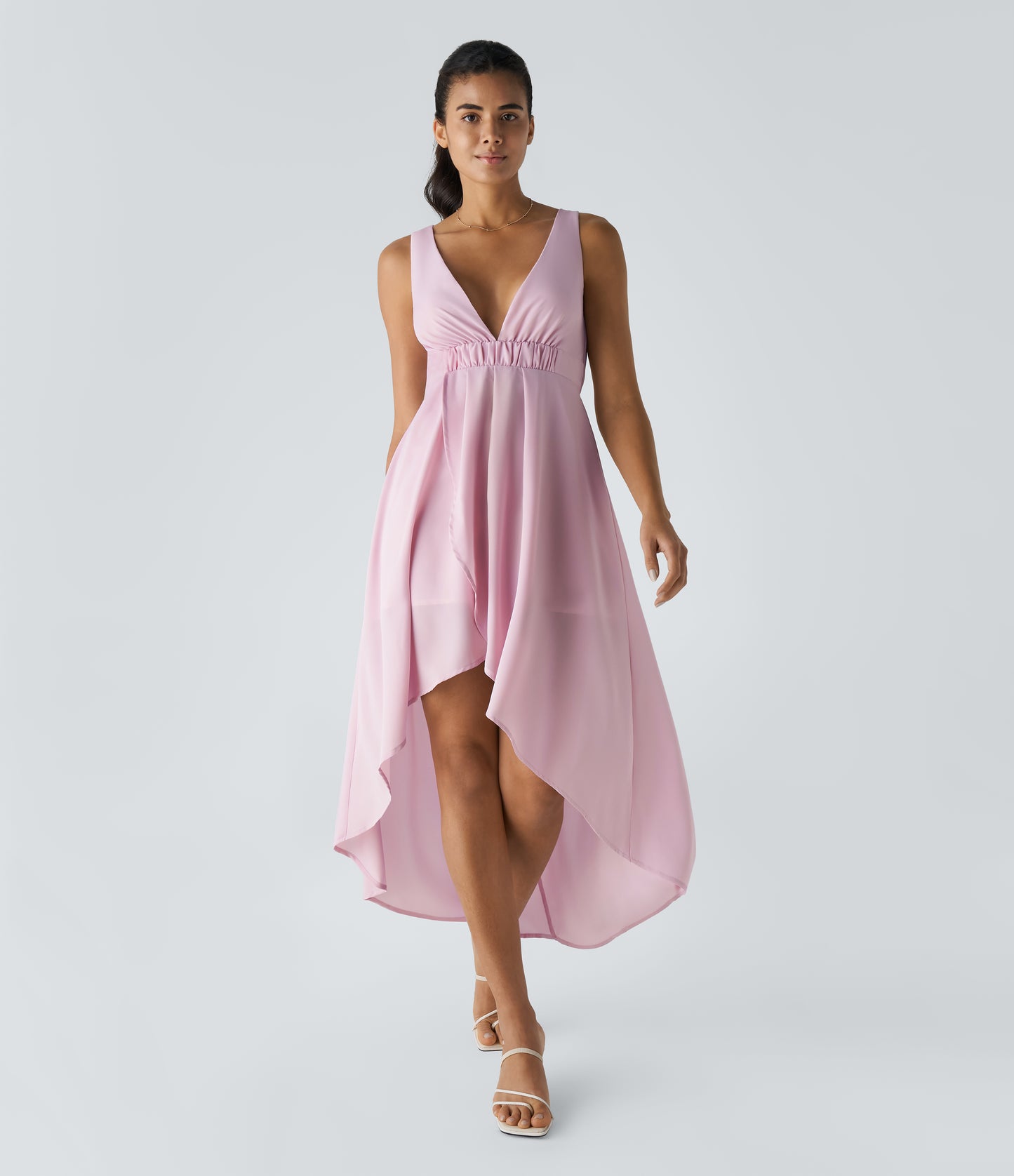 Women's Deep V Neck Sleeveless Crossover Hem High-Low Flowy Maxi Dress