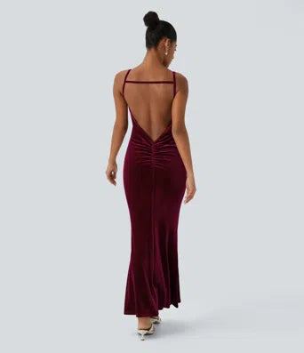Adjustable Strap U Back Backless Twisted Flare Flowy Maxi Slip Resort Dres