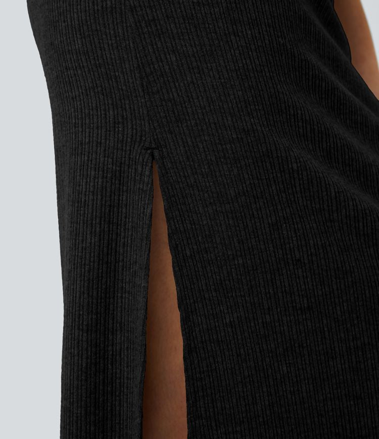 Ribbed High-Waisted Split Hem A-Line Maxi Casual Skirt for Everyday Elegance