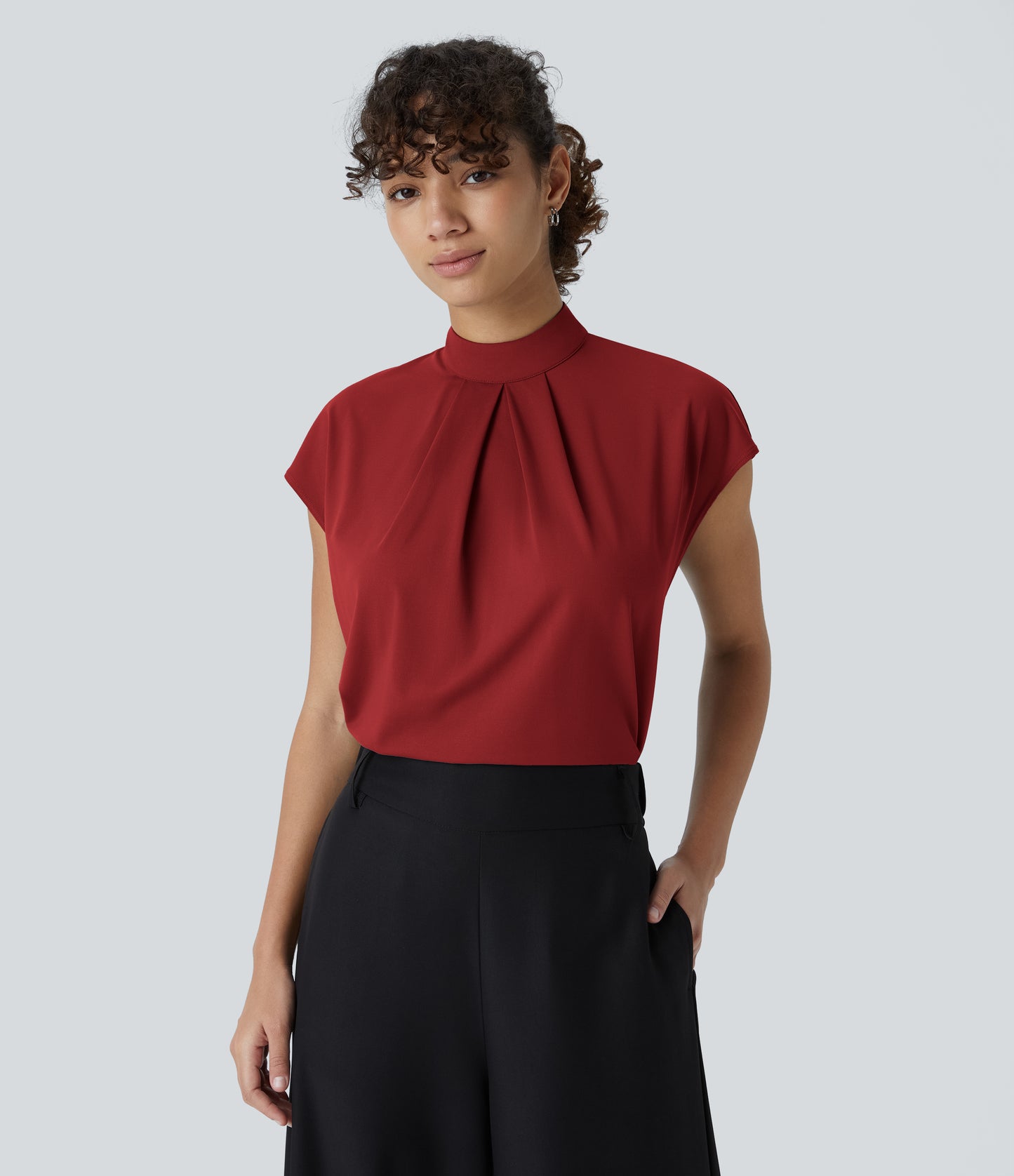 Women's Professional Stand Collar Cap Sleeve Work Blouse - Comfortable Stretch Office Top