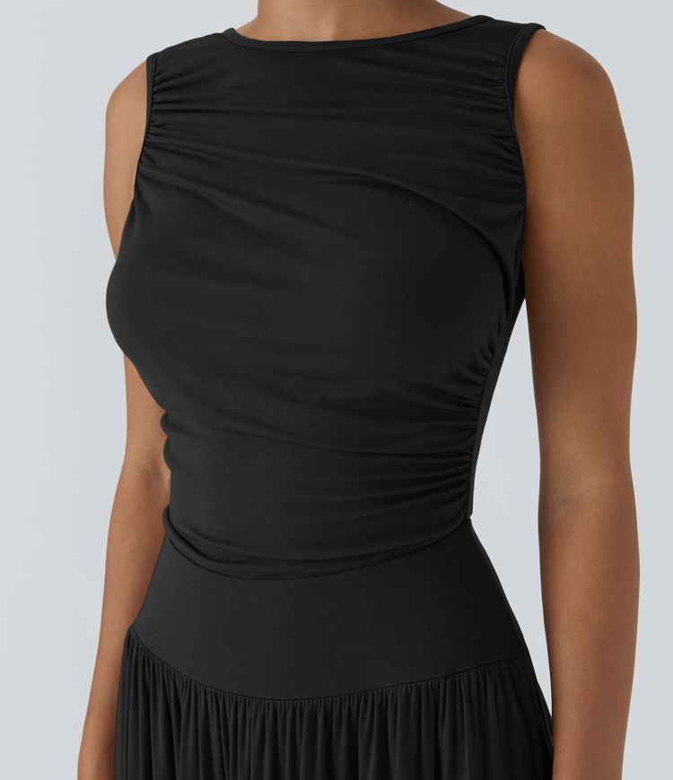 Chic Ribbed Boat Neck Flowy Maxi Dress with Asymmetric Strap & Side Pockets