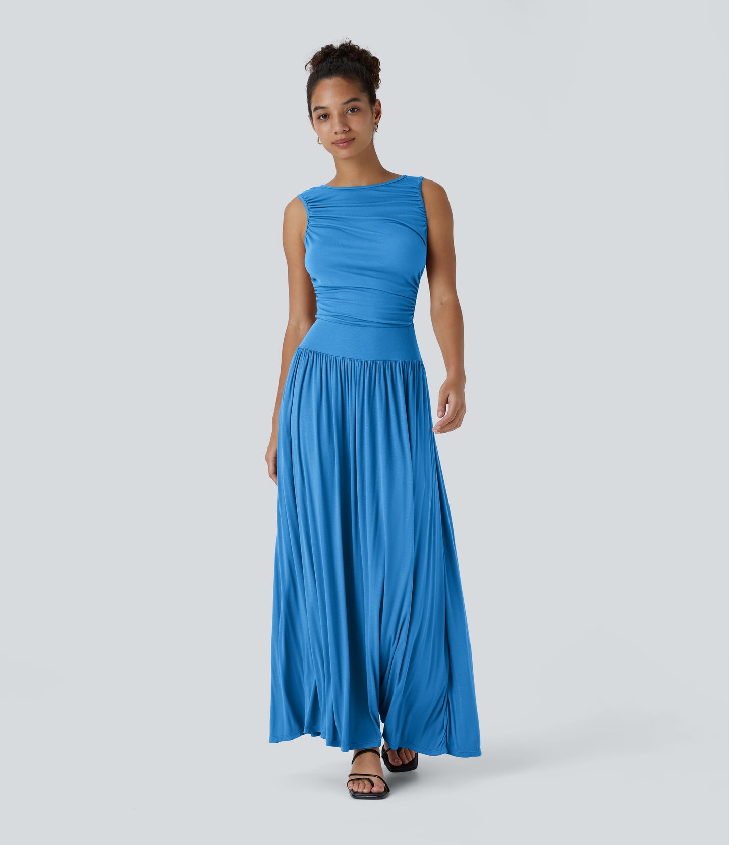 Chic Ribbed Boat Neck Flowy Maxi Dress with Asymmetric Strap & Side Pockets